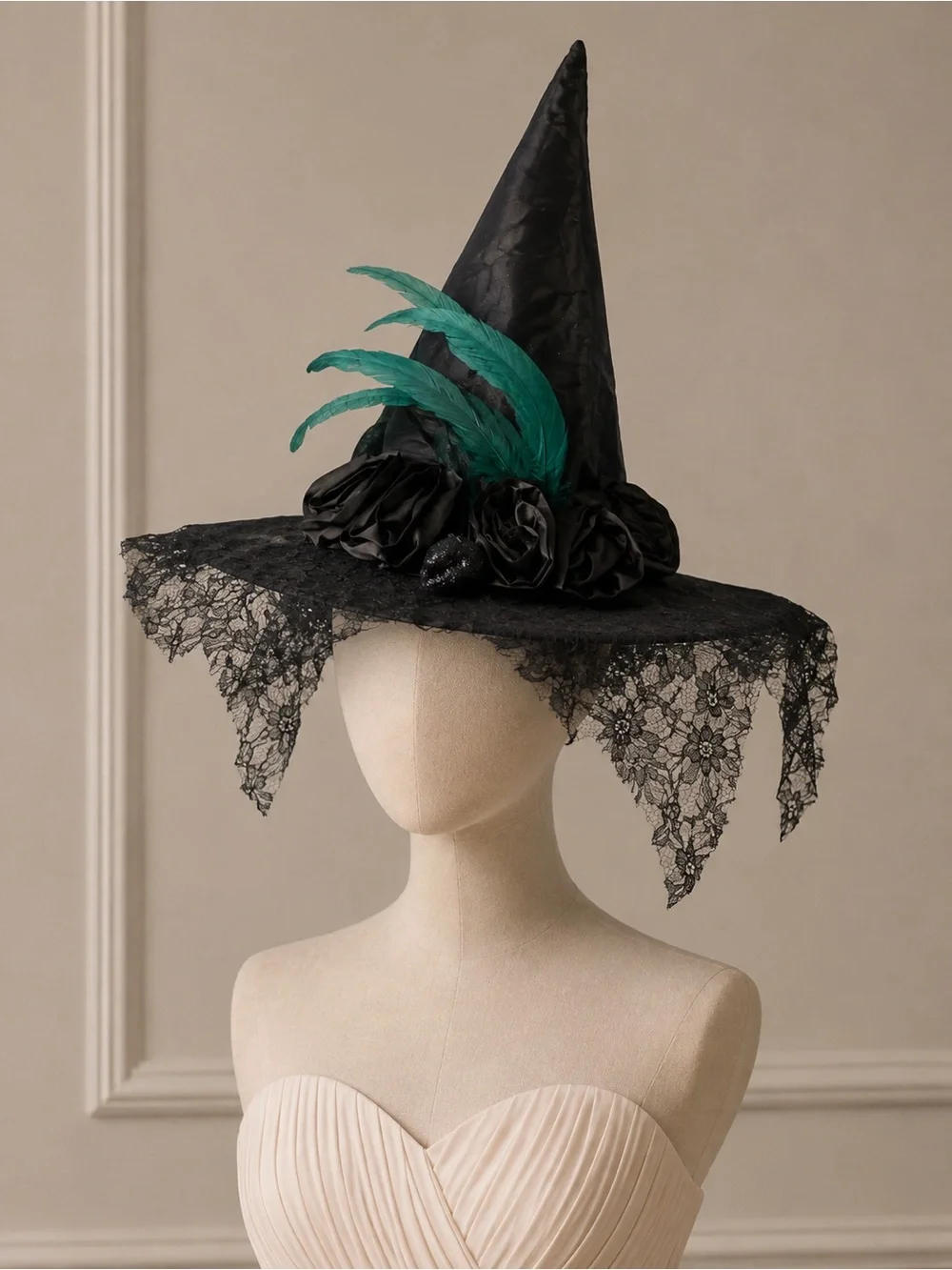Black Witch Hat with Green Feather Accent